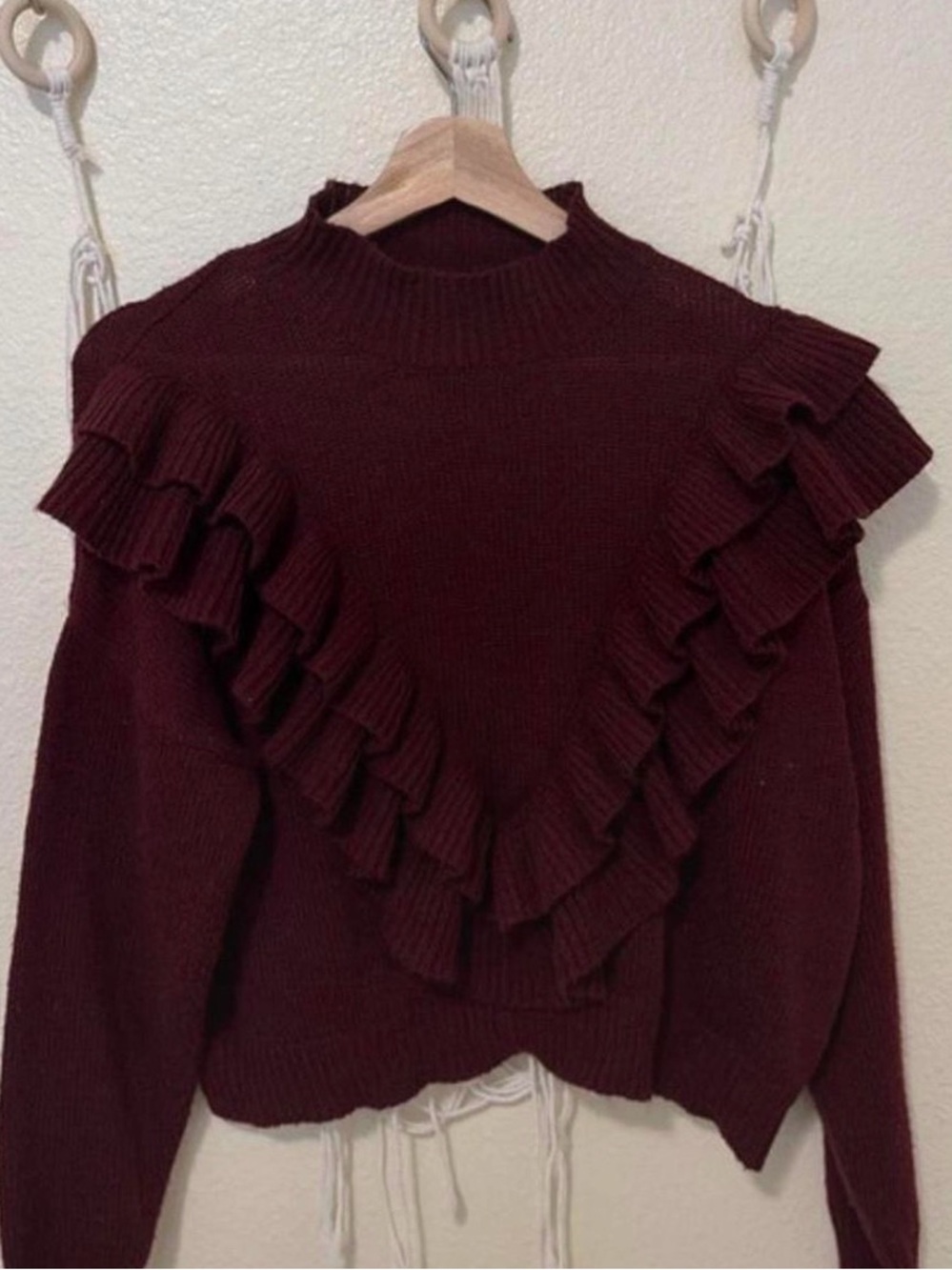Ruffled Mock Neck Sweater - Burgundy